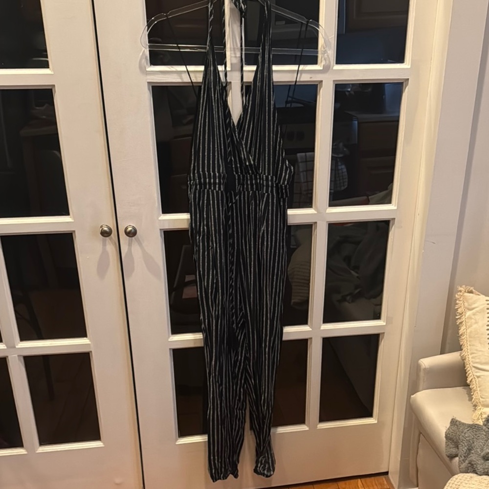 Black and White Striped Halter Jumpsuit